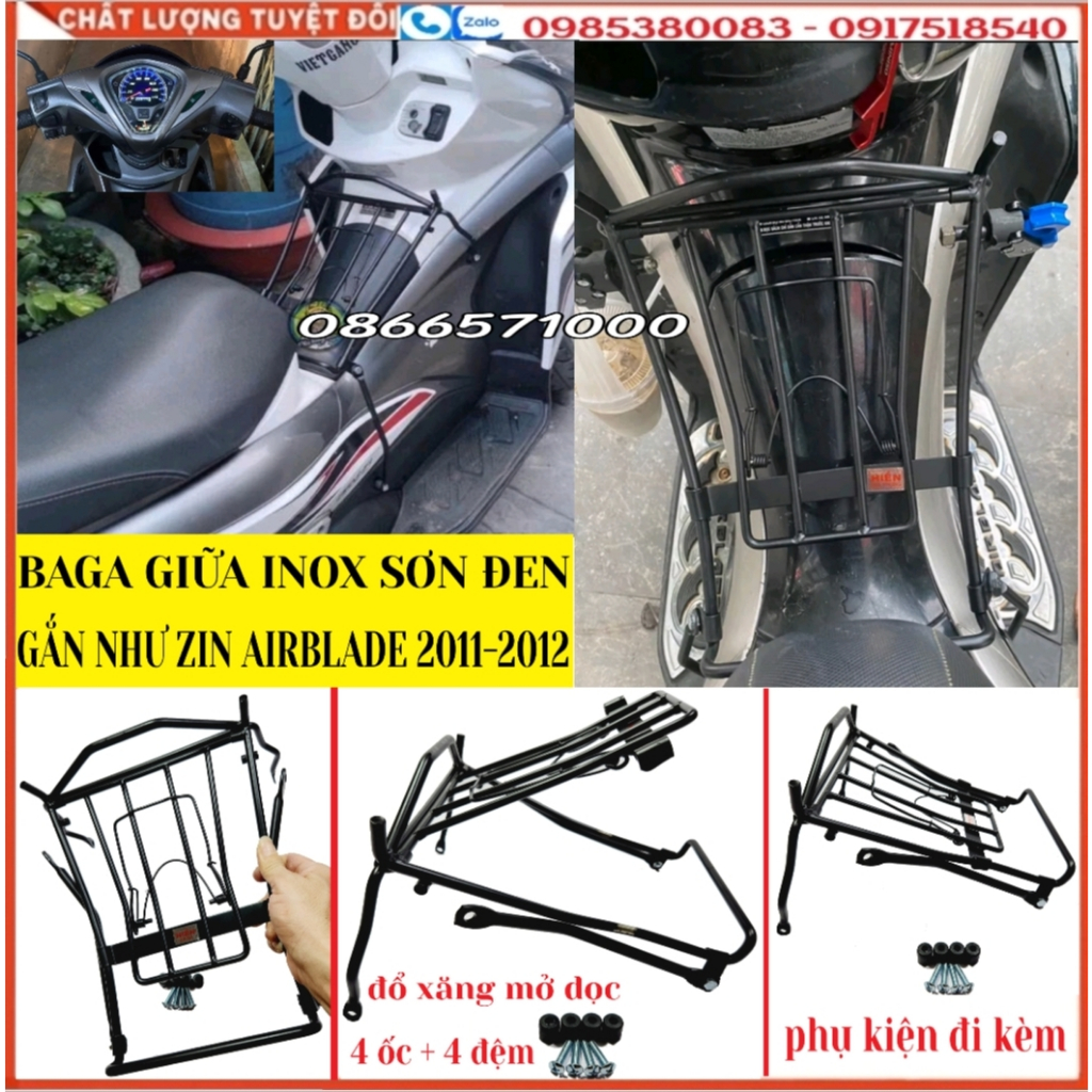 Baga AirBlade 2011-2012, AB Đầu Bò, AB Fi, Baga Inox 10 ly, Inox Sơn Đen, Xi Màu Titan; Ốp Pô Độ Cho AirBlade 2011-2012