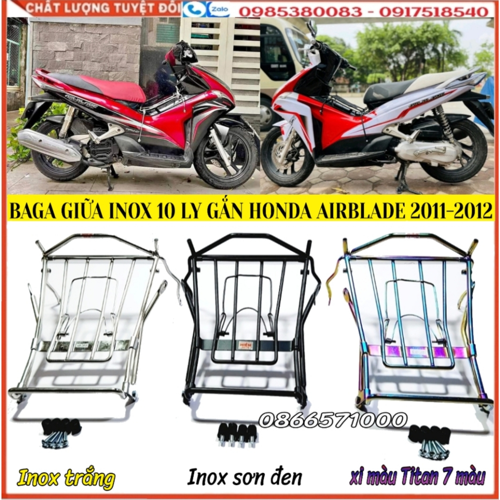 Baga AirBlade 2011-2012, AB Đầu Bò, AB Fi, Baga Inox 10 ly, Inox Sơn Đen, Xi Màu Titan; Ốp Pô Độ Cho AirBlade 2011-2012