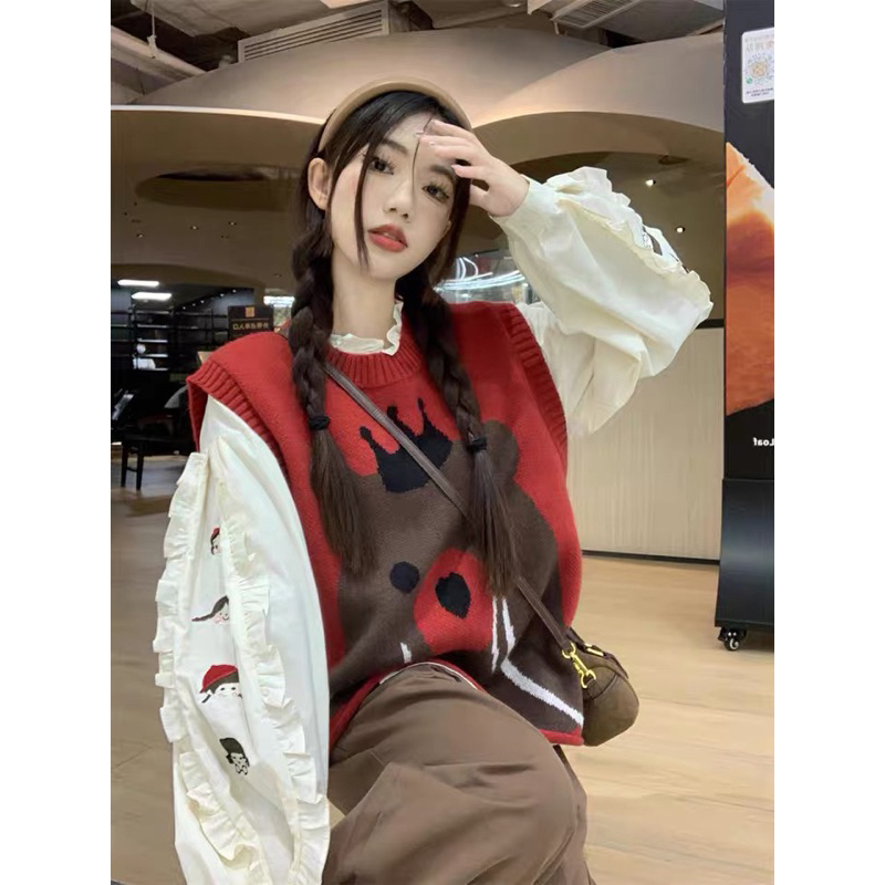Sét Áo Sơ Mi Phong Cách Mới Và Áo Len Không Tay Áo gile Len Gấu Phong Cách Retro Hàn QuMó