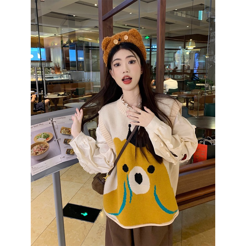 Sét Áo Sơ Mi Phong Cách Mới Và Áo Len Không Tay Áo gile Len Gấu Phong Cách Retro Hàn QuMó