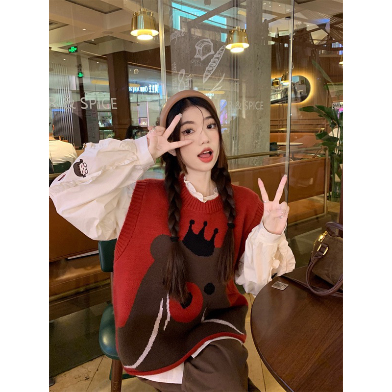 Sét Áo Sơ Mi Phong Cách Mới Và Áo Len Không Tay Áo gile Len Gấu Phong Cách Retro Hàn QuMó