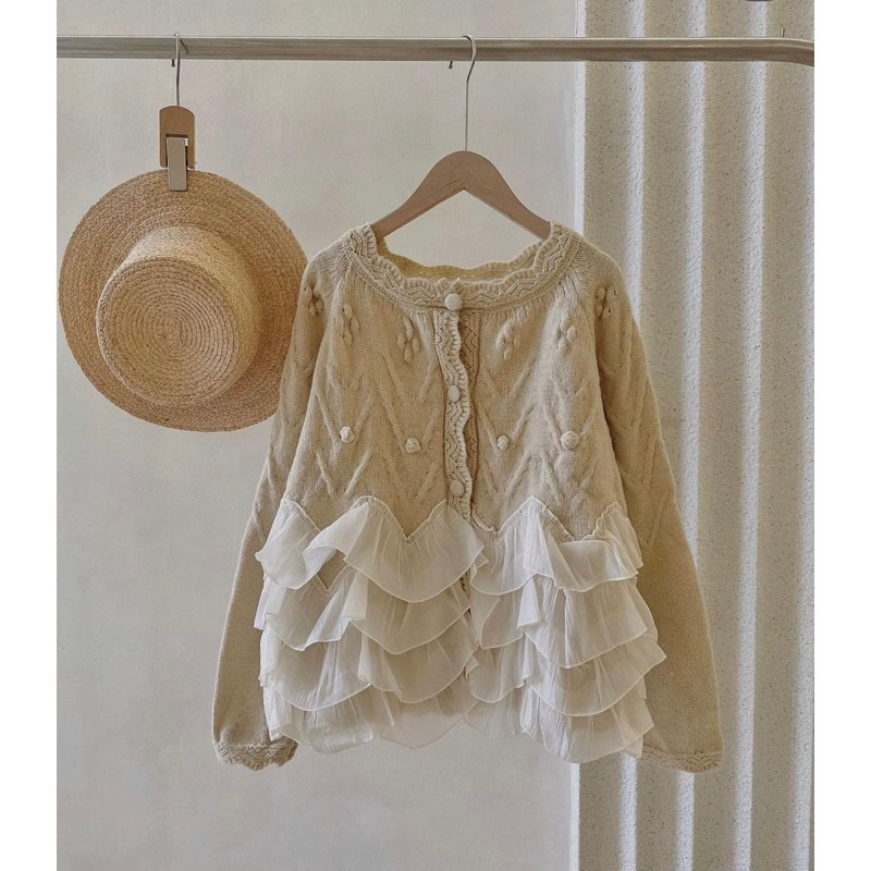 Áo khoác len Cardigan cúc bọc Tiểu thư phối viền bèo tầng, Lipeo.store