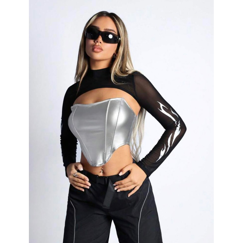 Áo croptop dạng corset màu bạc da PU