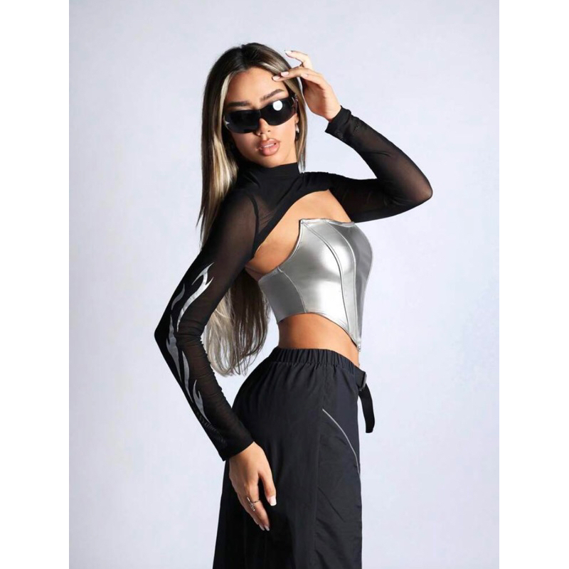 Áo croptop dạng corset màu bạc da PU