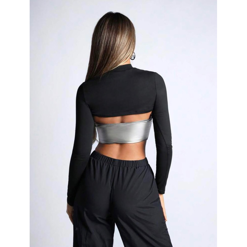 Áo croptop dạng corset màu bạc da PU