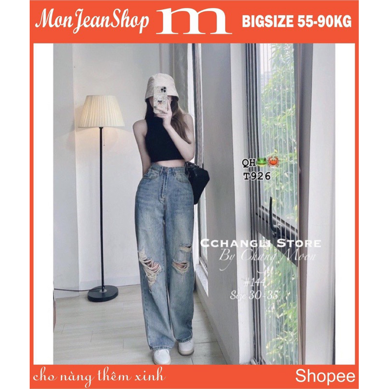 Quần Jean Nữ Bigsize Lưng Cao Ống Rộng Rách Kiểu Thời Trang Cực Đẹp Ms144