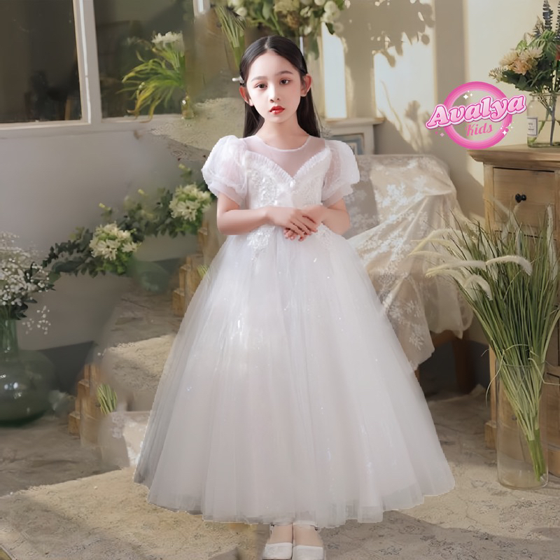 Đầm Trắng Dài Tay Lửng Ren Thêu Đính Cao Cấp - Đầm bé gái Avalyakids - Công Chúa Bé Gái ,Váy bé gái cao cấp - MT07