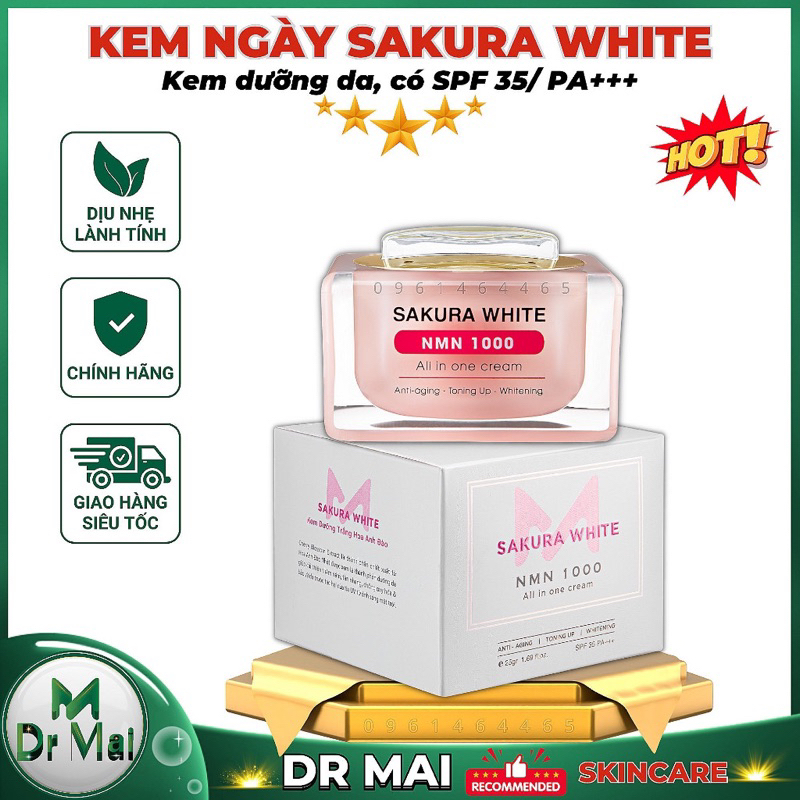 Kem dưỡng trắng da chống nắng hoa anh đào Sakura White Nmn 1000 All in one cream (chính hãng 100%)