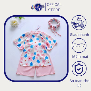 Áo dài cách tân mẹ và bé hoa đào hồng cho bé gái kèm mấn cực xinh, áo dài tết cho bé.