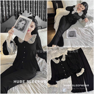 Bộ ngủ lụa dáng dài tay viền ren cổ bèo loe tiểu thư qc loại 1 cao cấp - hube sleepwear
