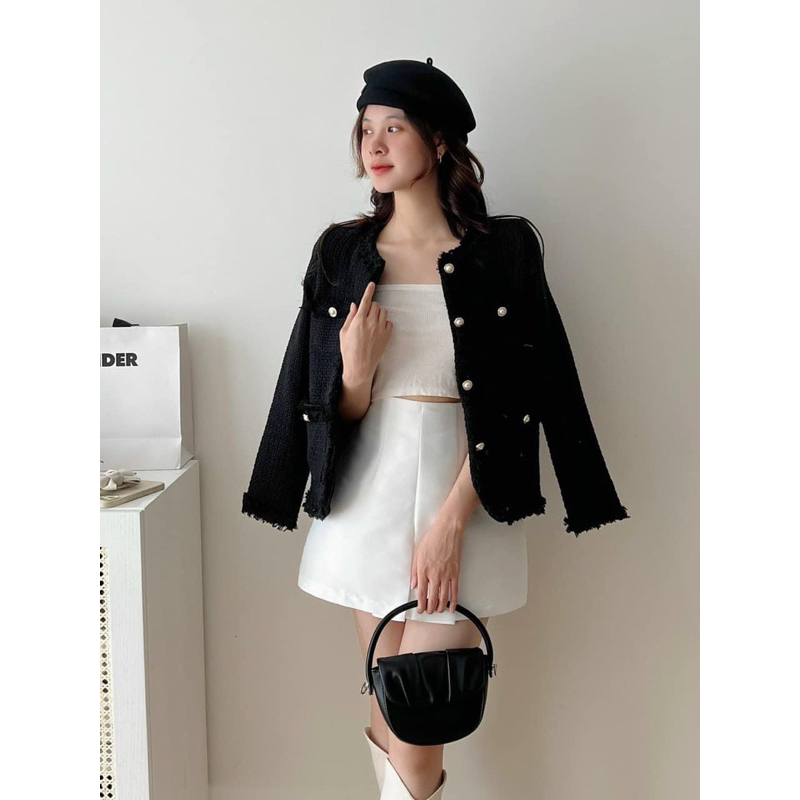 Áo khoác dạ tweed 2 lớp có đệm vai sang chảnh