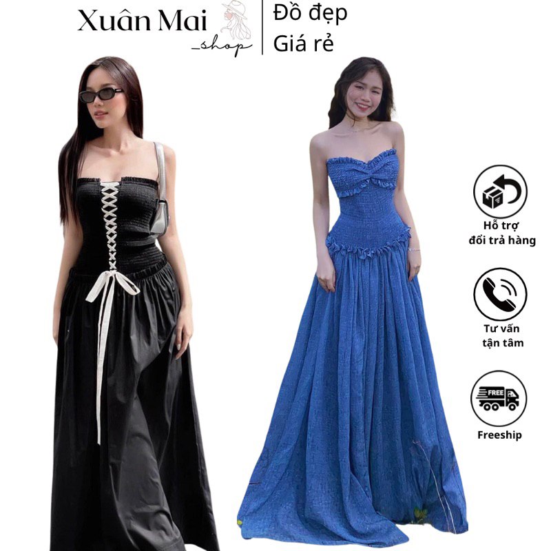 Đầm ống maxi nữ nhúng thân đan dây cột nơ form xoè dài hoa hậu Thiên Ân mặc đi chơi đi tiệc đi biển