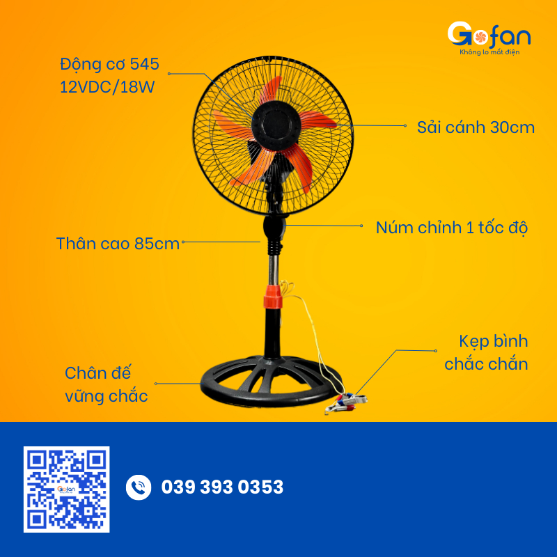 Quạt đứng lỡ kẹp bình ắc quy 12V B3