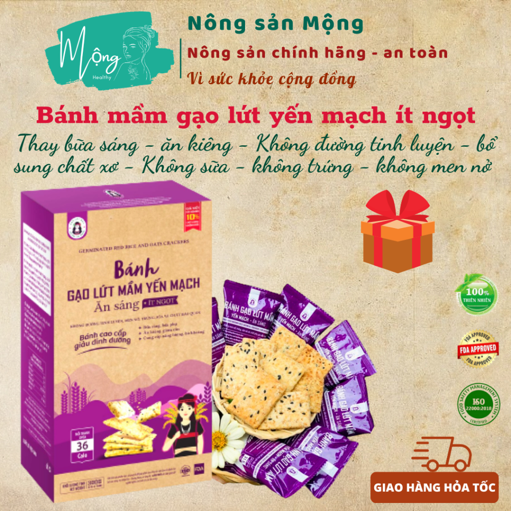 Bánh mầm gạo lứt yến mạch Bhnong ít đường dinh dưỡng thay thế bữa sáng ăn kiêng giảm cân eat clean hộp 20-40 thanh