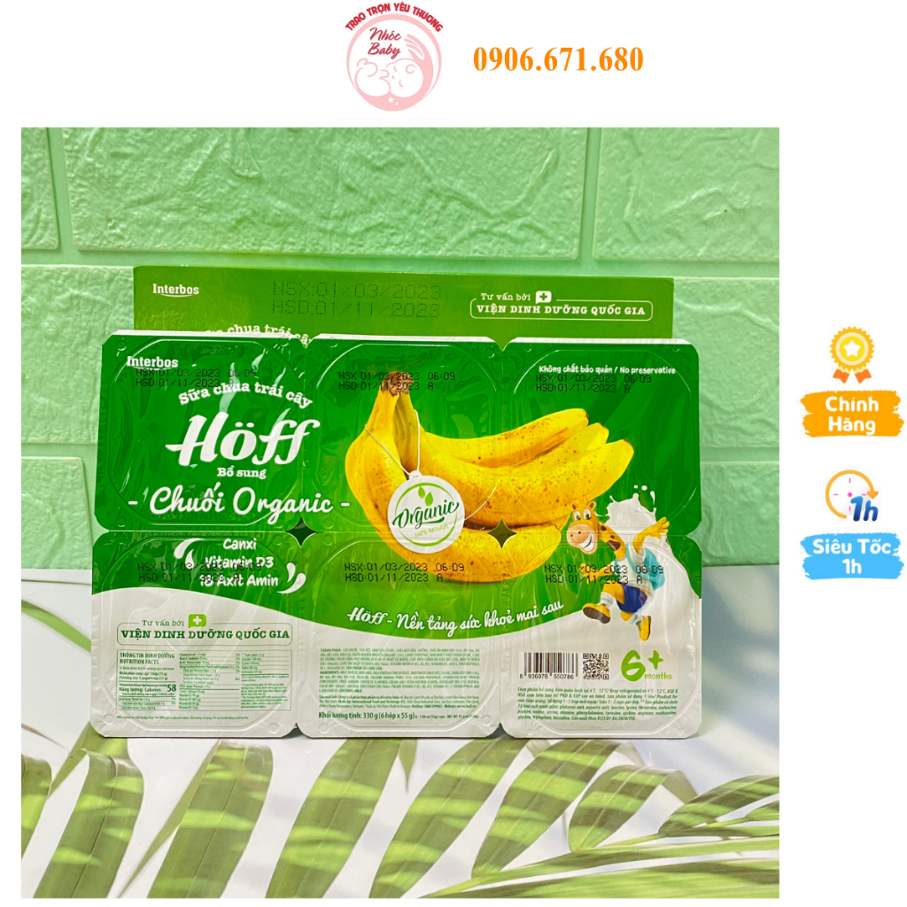 Sữa chua Hoff Organic Chuối, Dâu 1 Vỉ 6 hộp x  55g ăn dặm cho bé 6 tháng+bổ sung Canxi, D3, 18 Axit Amin - Date 04/24