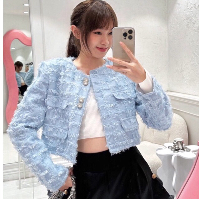 JENNYCLOSET | Áo khoác dạ tweed dáng crotop hàng cao cấp , Áo khoác dạ lông khuy đá sang chảnh
