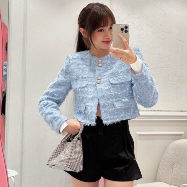JENNYCLOSET | Áo khoác dạ tweed dáng crotop hàng cao cấp , Áo khoác dạ lông khuy đá sang chảnh