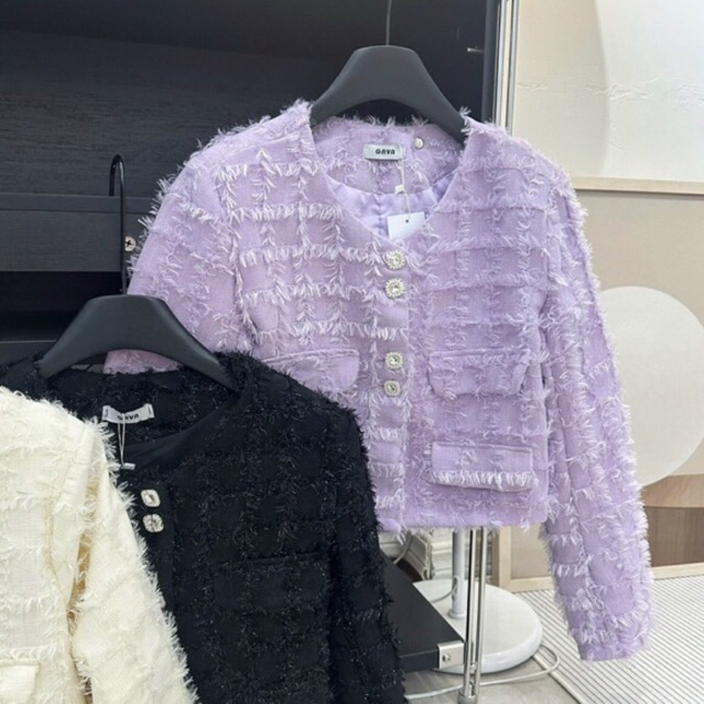 JENNYCLOSET | Áo khoác dạ tweed dáng crotop hàng cao cấp , Áo khoác dạ lông khuy đá sang chảnh