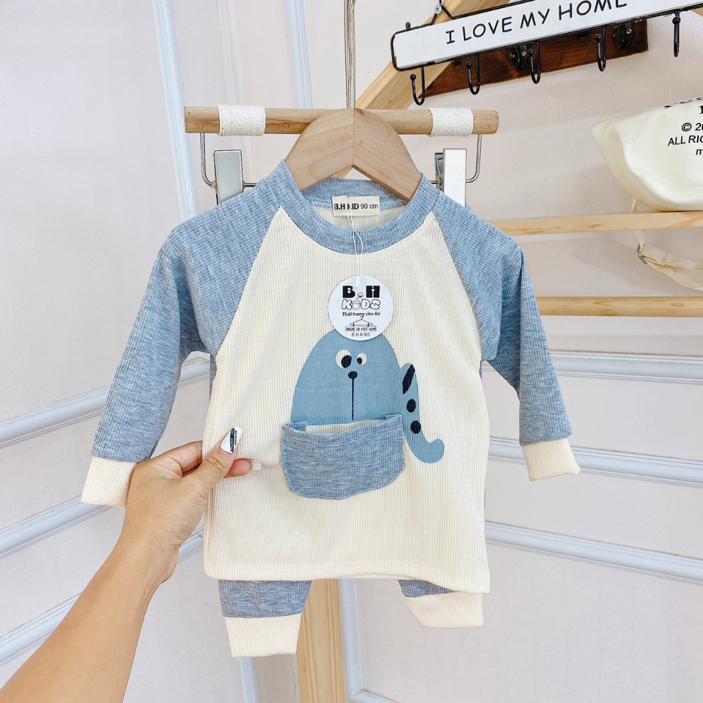 Bộ quần áo dài tay, thu đông, mặc điều hòa, chất thun tăm, in hình ngộ nghĩnh, cho bé trai, bé gái–BD03
