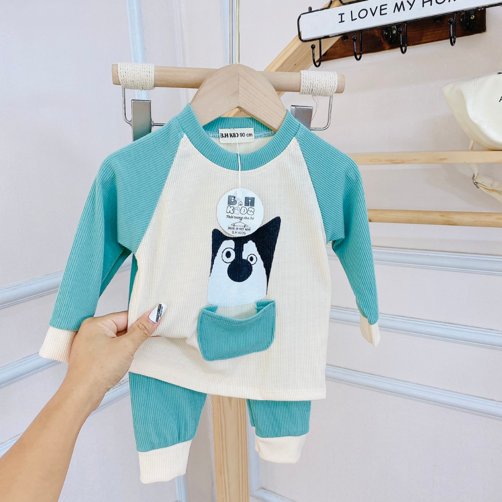 Bộ quần áo dài tay, thu đông, mặc điều hòa, chất thun tăm, in hình ngộ nghĩnh, cho bé trai, bé gái–BD03