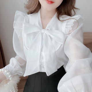  Áo sơ mi nữ kiểu dài tay tiểu thư chất vải voan 2 lớp cổ phối nơ ren màu trắng kem áo sơ mi công sở đẹp kiểu tay phồng 