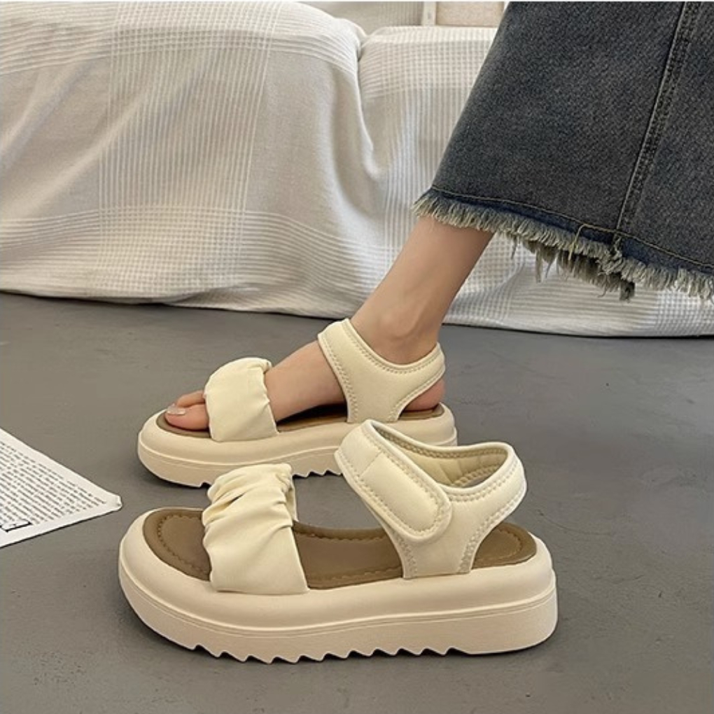 Sandal nữ bèo nhún quai dán kiểu dáng Basic quai da mềm dễ làm sạch đế 4cm đi học đi chơi DOZIMAX