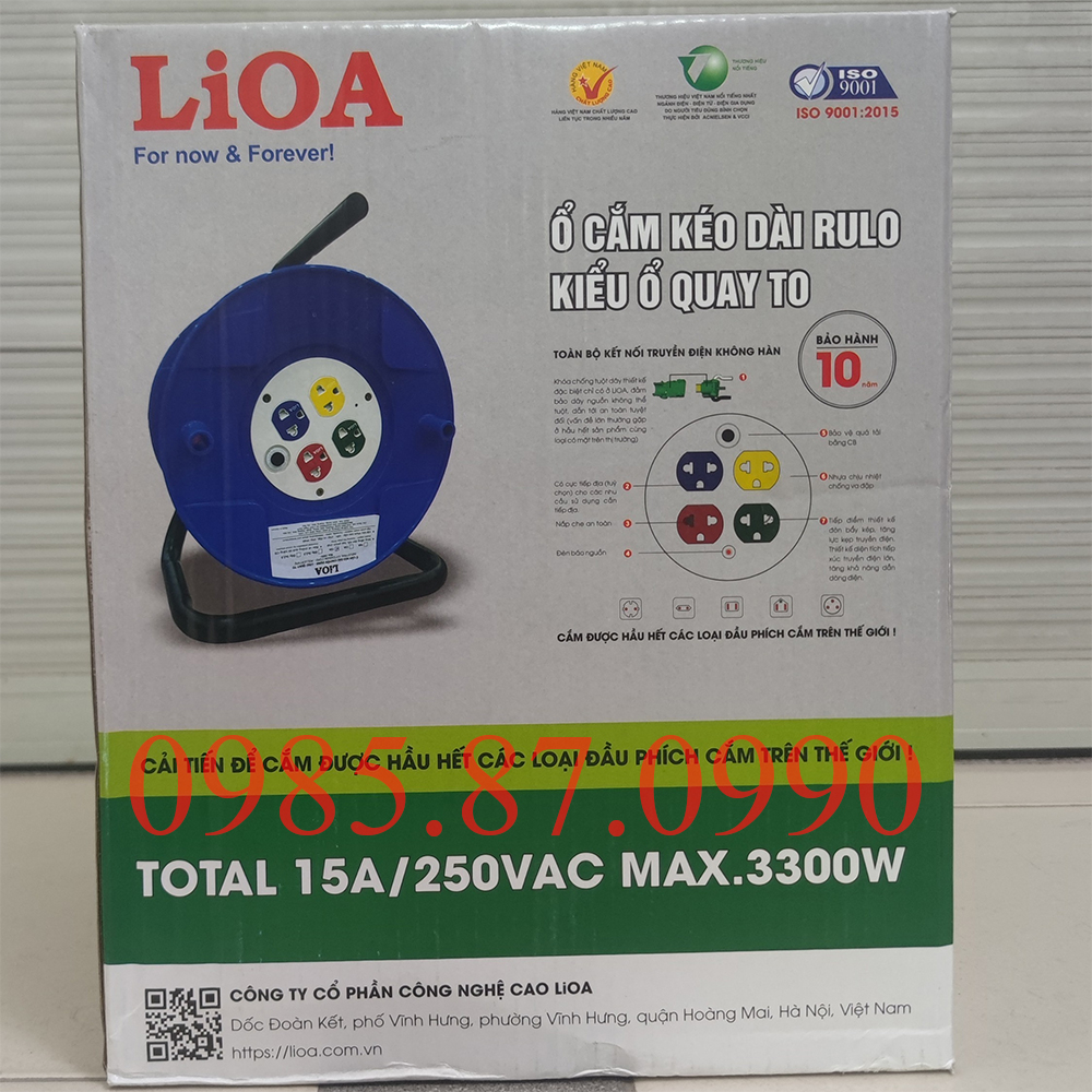 Ổ Cắm Kéo Dài Quay Tay Kiểu Rulo LiOA QT50-2-15A 50m Xách Tay Quay Tròn
