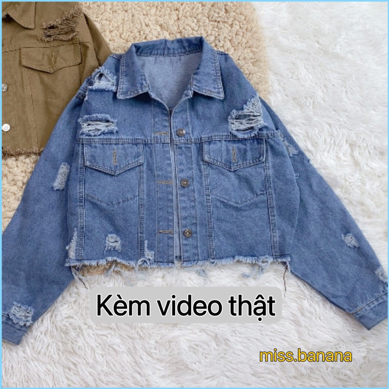 Áo Khoác Jean Rách Denim Tay Dài, Áo Jean Form Ngắn Croptop Trendy