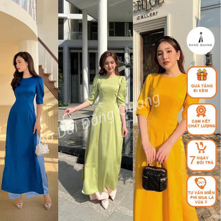 Áo Dài Cách Tân 2 Tà Lụa Bóng Mềm Cổ Tròn Tay Bồng Ngắn Đính Hạt Ngọc Ở Cổ Tay Quần Cùng Màu Áo ( May Sẵn )