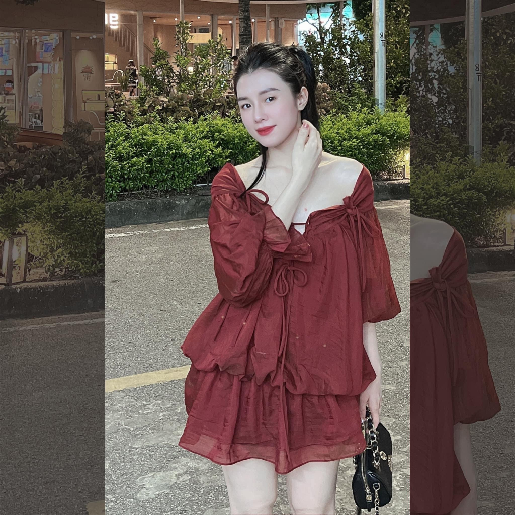 VÁY ÁO TƠ ÓNG TRỄ NGANG VAI DÂY ĐAN NGỰC KÉO RÚM VAI TIỂU THƯ -VÁY ÁO TRỄ VAI TƠ ÓNG TAY PHỒNG GẤU CHUN PHỒNG 2 TẦNG BÈO