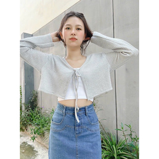 Áo Khoác Lửng Cột Dây Len Gân Tay Dài