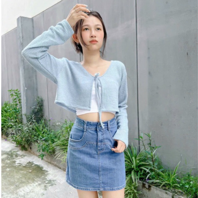 Áo Khoác Lửng Cột Dây Len Gân Tay Dài