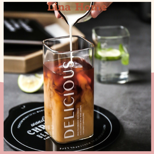 Ly thủy tinh vuông chịu nhiệt Delicious 400ml Cốc thủy tinh uống sinh tố sang chảnh cao cấp phong cá