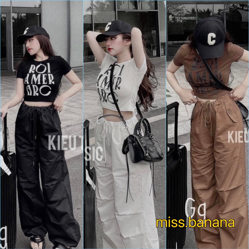 Set Áo Ôm Chữ Thun Gân Quần Dài Tuyết mưa Túi Hộp Rộng Bo Ống MaM