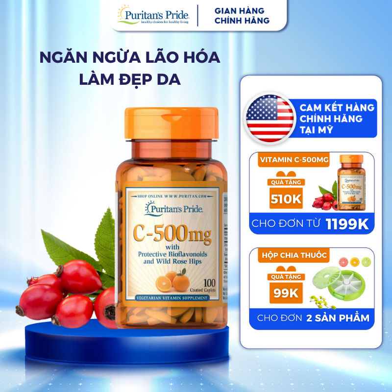 Viên uống bổ sung Vitamin C 500mg with Bioflavonoids & Wild Rose Hips hỗ trợ làm đẹp da, ngăn ngừa lão hóa 100 viên