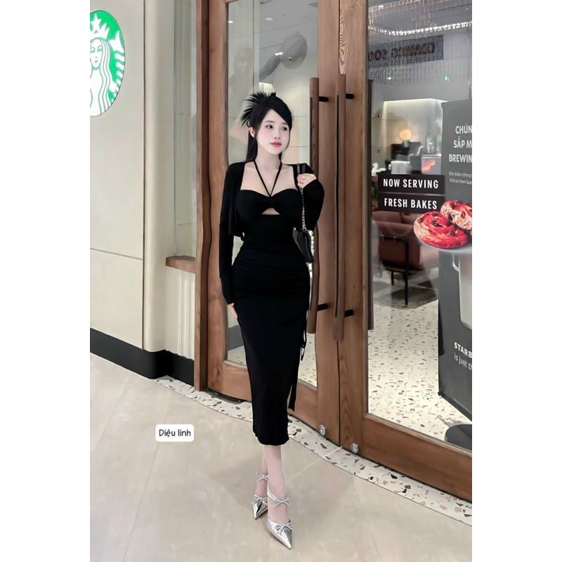 Set váy body thun dây chéo ngực xẻ đùi kèm áo khoác xinh