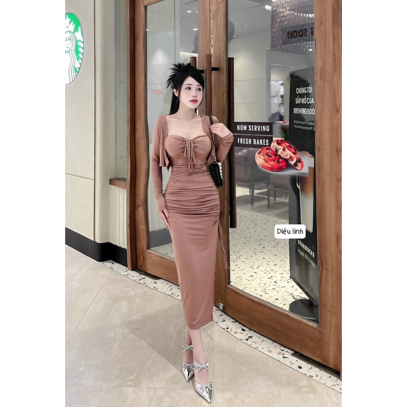 Set váy body thun dây chéo ngực xẻ đùi kèm áo khoác xinh