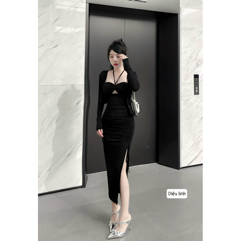 Set váy body thun dây chéo ngực xẻ đùi kèm áo khoác xinh