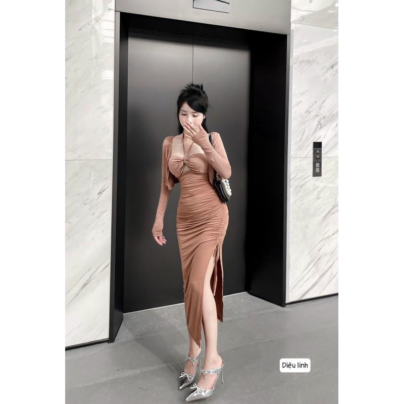 Set váy body thun dây chéo ngực xẻ đùi kèm áo khoác xinh