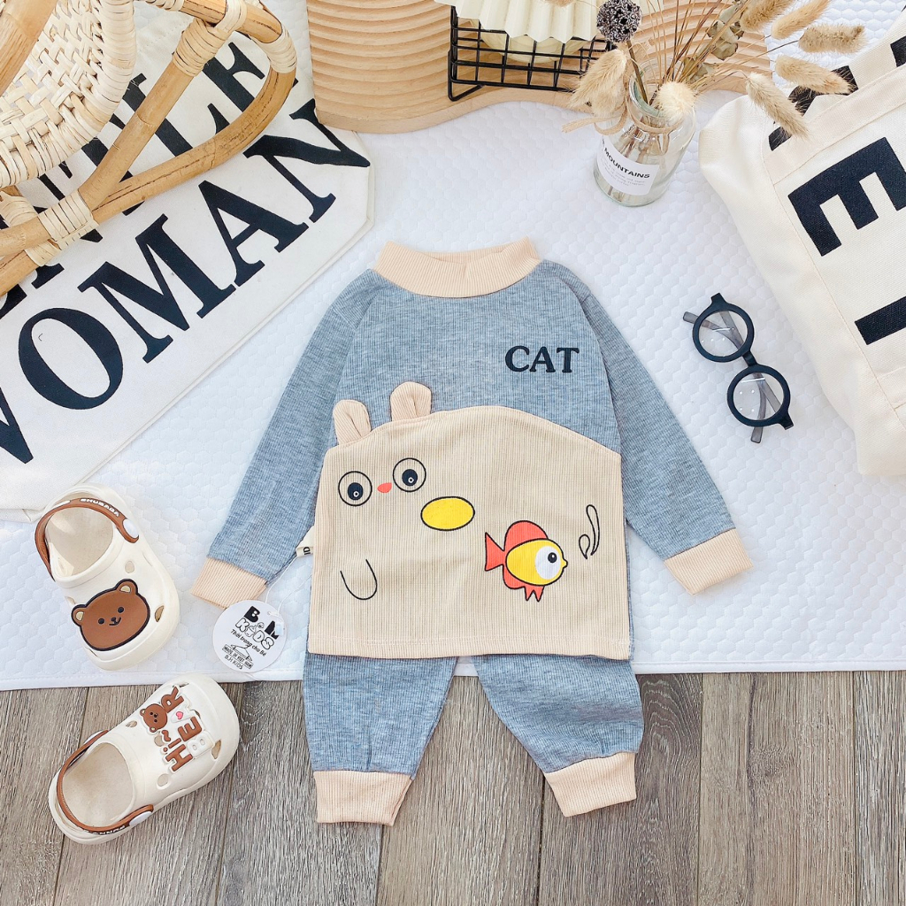 Bộ quần áo dài tay thu đông, mặc điều hòa, chất thun tăm, họa tiết ngộ nghĩnh cho bé trai, bé gái - BD01
