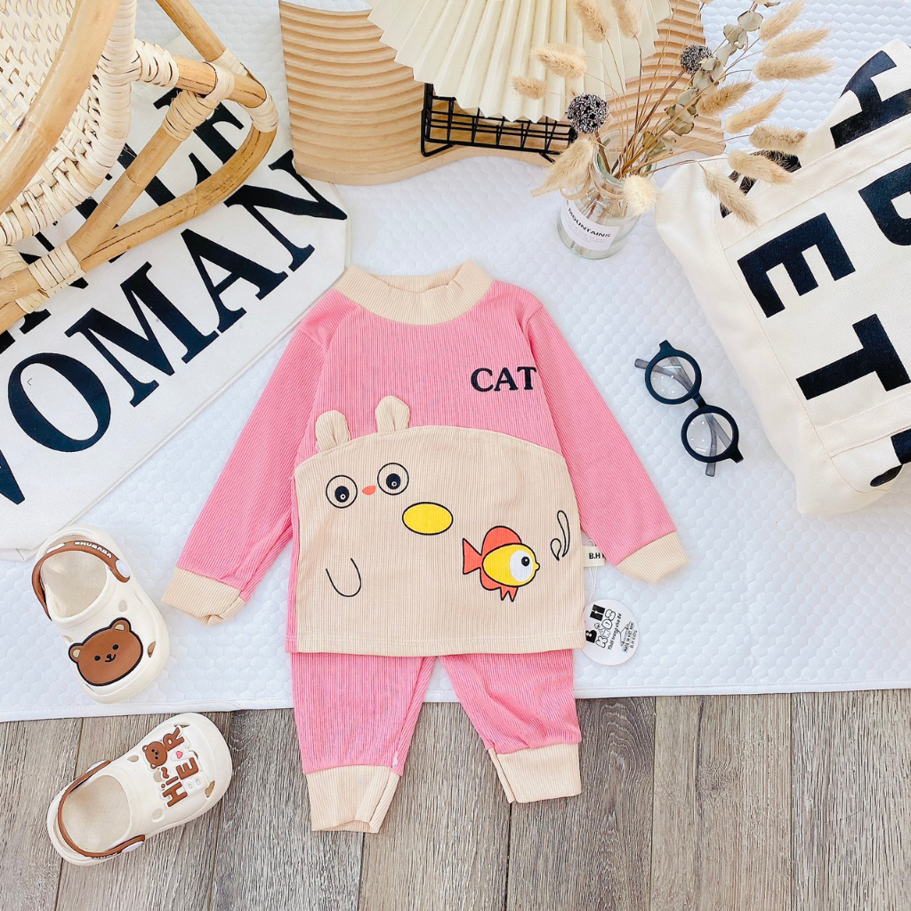 Bộ quần áo dài tay thu đông, mặc điều hòa, chất thun tăm, họa tiết ngộ nghĩnh cho bé trai, bé gái - BD01