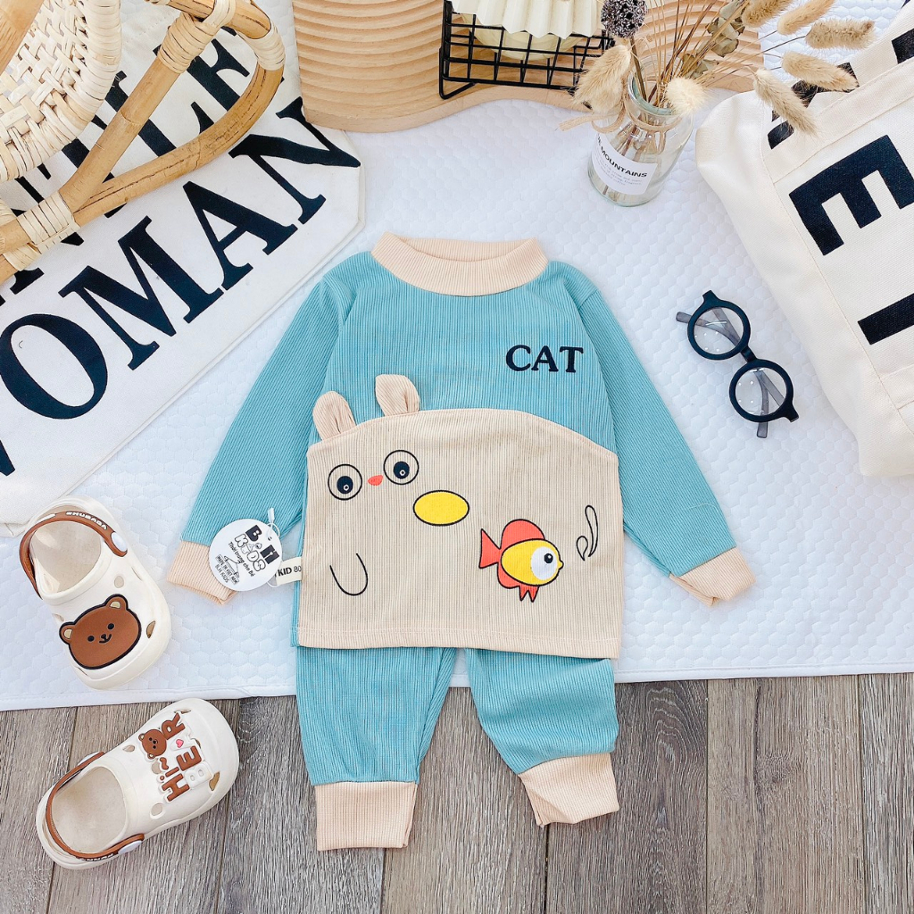 Bộ quần áo dài tay thu đông, mặc điều hòa, chất thun tăm, họa tiết ngộ nghĩnh cho bé trai, bé gái - BD01