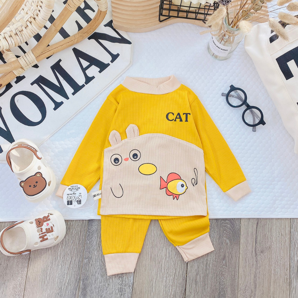 Bộ quần áo dài tay thu đông, mặc điều hòa, chất thun tăm, họa tiết ngộ nghĩnh cho bé trai, bé gái - BD01