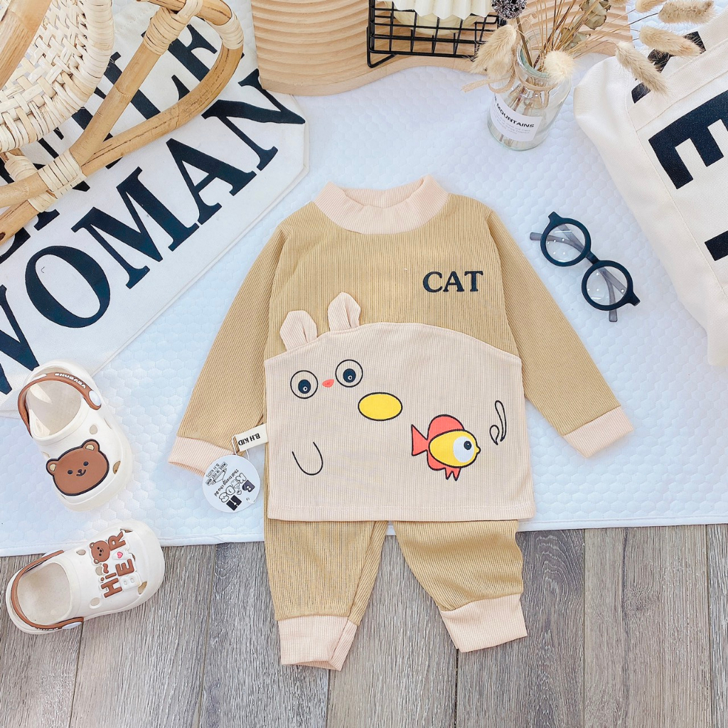 Bộ quần áo dài tay thu đông, mặc điều hòa, chất thun tăm, họa tiết ngộ nghĩnh cho bé trai, bé gái - BD01