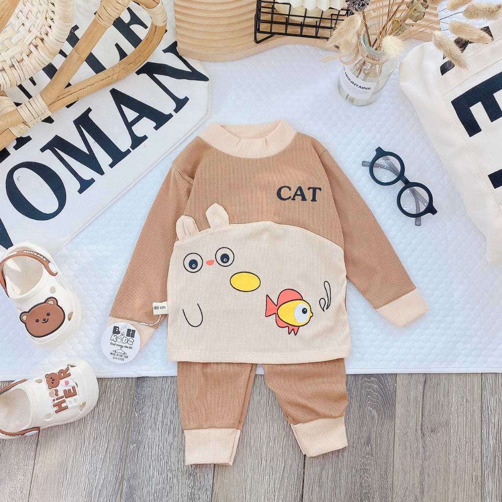 Bộ quần áo dài tay thu đông, mặc điều hòa, chất thun tăm, họa tiết ngộ nghĩnh cho bé trai, bé gái - BD01
