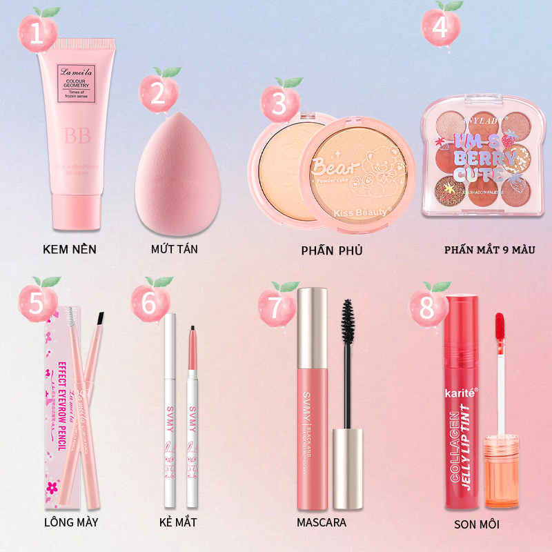 Bộ trang điểm rẻ 8 món makeup kem BB/Bảng phấn mắt 9 màu/son kem/mascara/phấn phủ/chì kẻ mày/bút dạ kẻ mắt-KB-8JT-F01