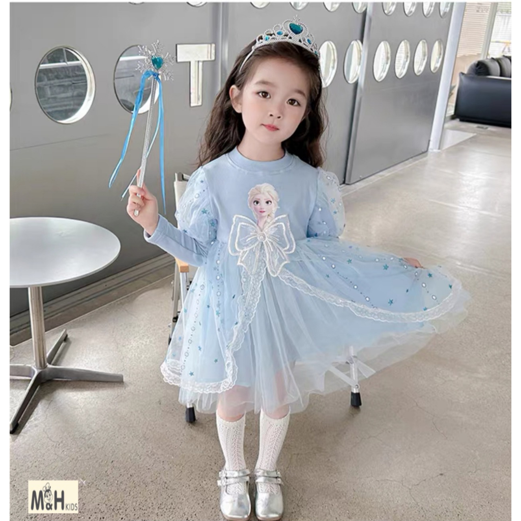 Váy Công Chúa Elsa Dài Tay Cho Bé Gái WOWKIDS, Đầm Công Chúa Phủ Voan Ren Bồng Xinh Xắn Cho Bé Từ 12-30kg