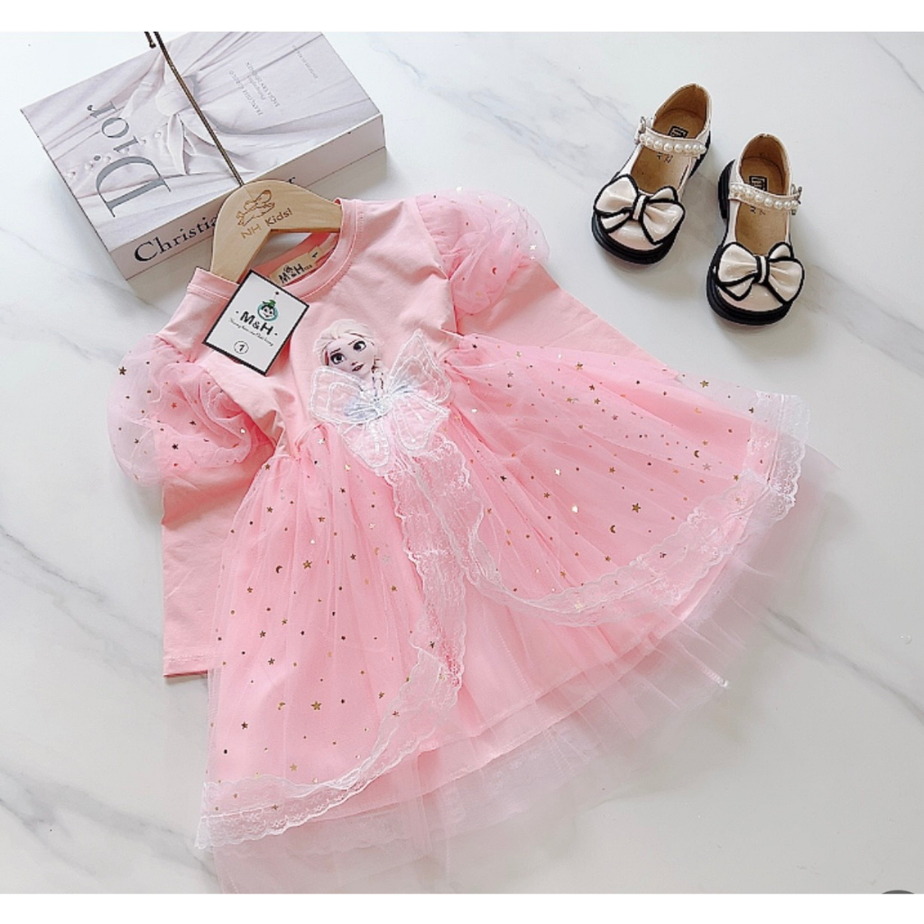Váy Công Chúa Elsa Dài Tay Cho Bé Gái WOWKIDS, Đầm Công Chúa Phủ Voan Ren Bồng Xinh Xắn Cho Bé Từ 12-30kg