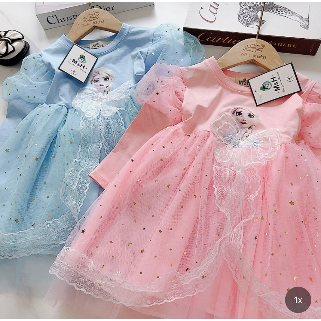 Váy Công Chúa Elsa Dài Tay Cho Bé Gái WOWKIDS, Đầm Công Chúa Phủ Voan Ren Bồng Xinh Xắn Cho Bé Từ 12-30kg