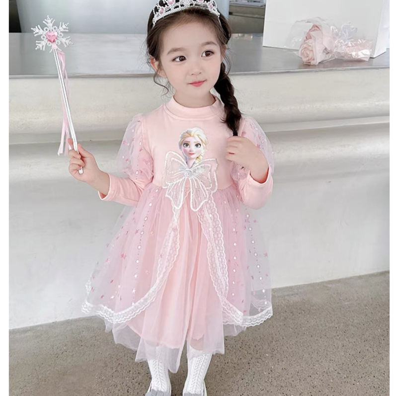 Váy Công Chúa Elsa Dài Tay Cho Bé Gái WOWKIDS, Đầm Công Chúa Phủ Voan Ren Bồng Xinh Xắn Cho Bé Từ 12-30kg